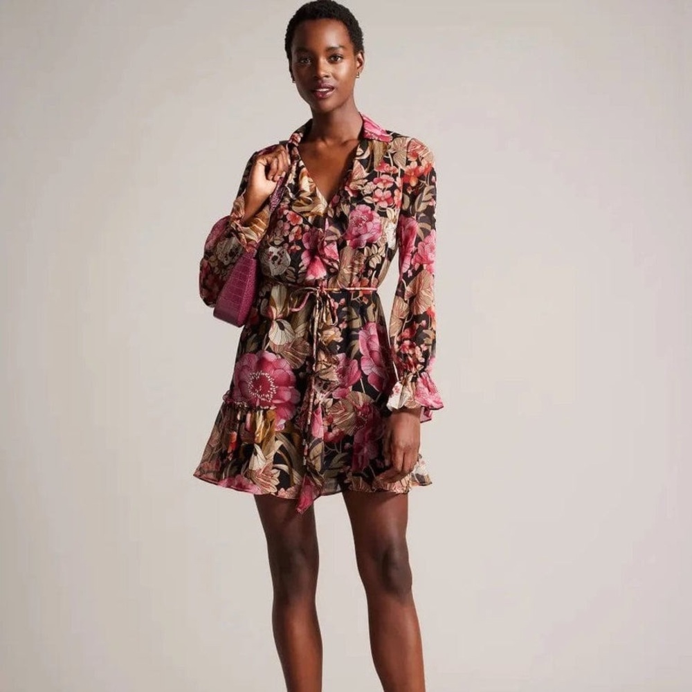 TED BAKER LONDON | Cecihly Ruffled Mini Dress With Metal Ball Trim Sz US 8